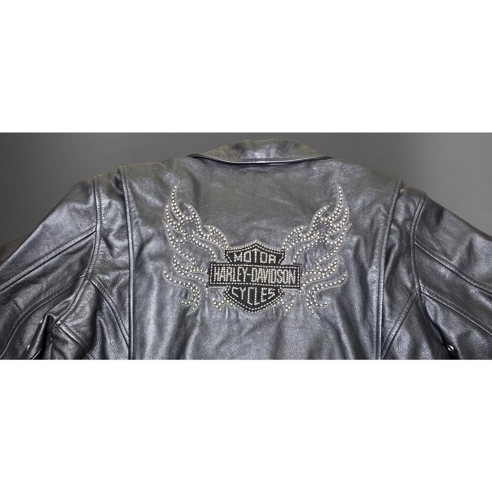 Harley-Davidson Women’s Black Leather Biker Jacket Rhinestone Winged Eagle Back